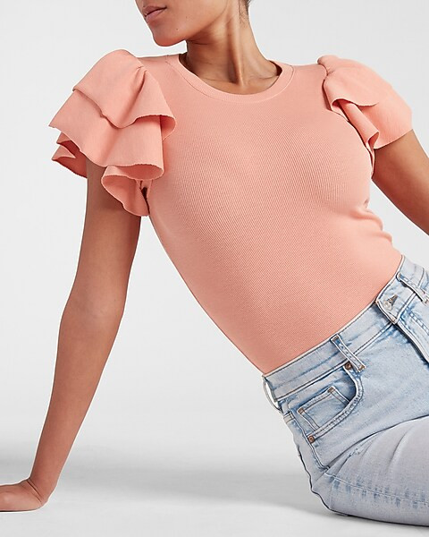 Ribbed Ruffle Sleeve Thong Bodysuit | Express