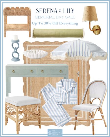 Serena and Lily Memorial Day sale picks ✨ 

Woven table, bolster pillow, woven sconce, blue candle holder, white bowl, striped umbrella, blue console, pajamas, rattan ottoman, woven dining chair, scalloped jute rug, coastal home decor, Grandmillennial home decorr