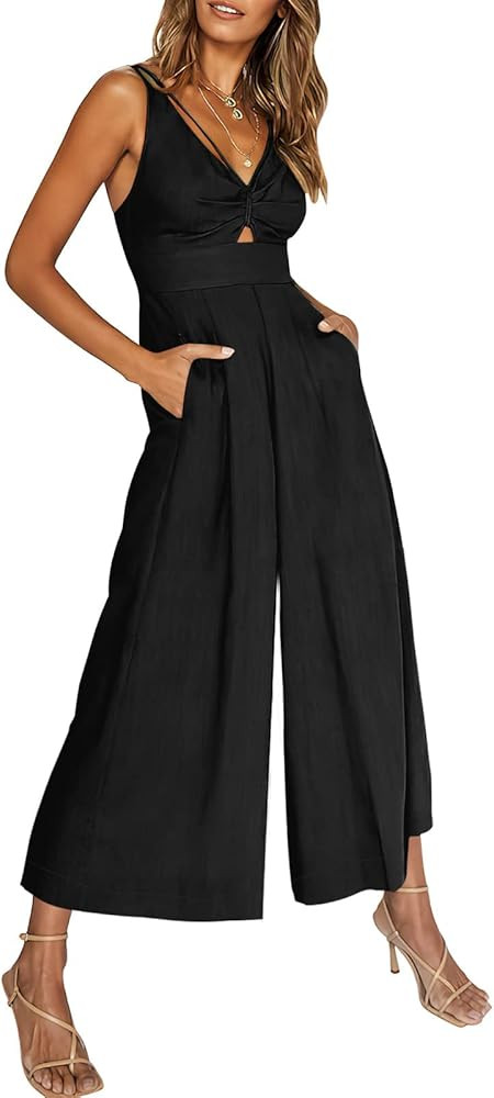 ANRABESS Women's Summer Wide leg Jumpsuits V Neck Smocked Cutout High Waist Thick adjustable stra... | Amazon (US)