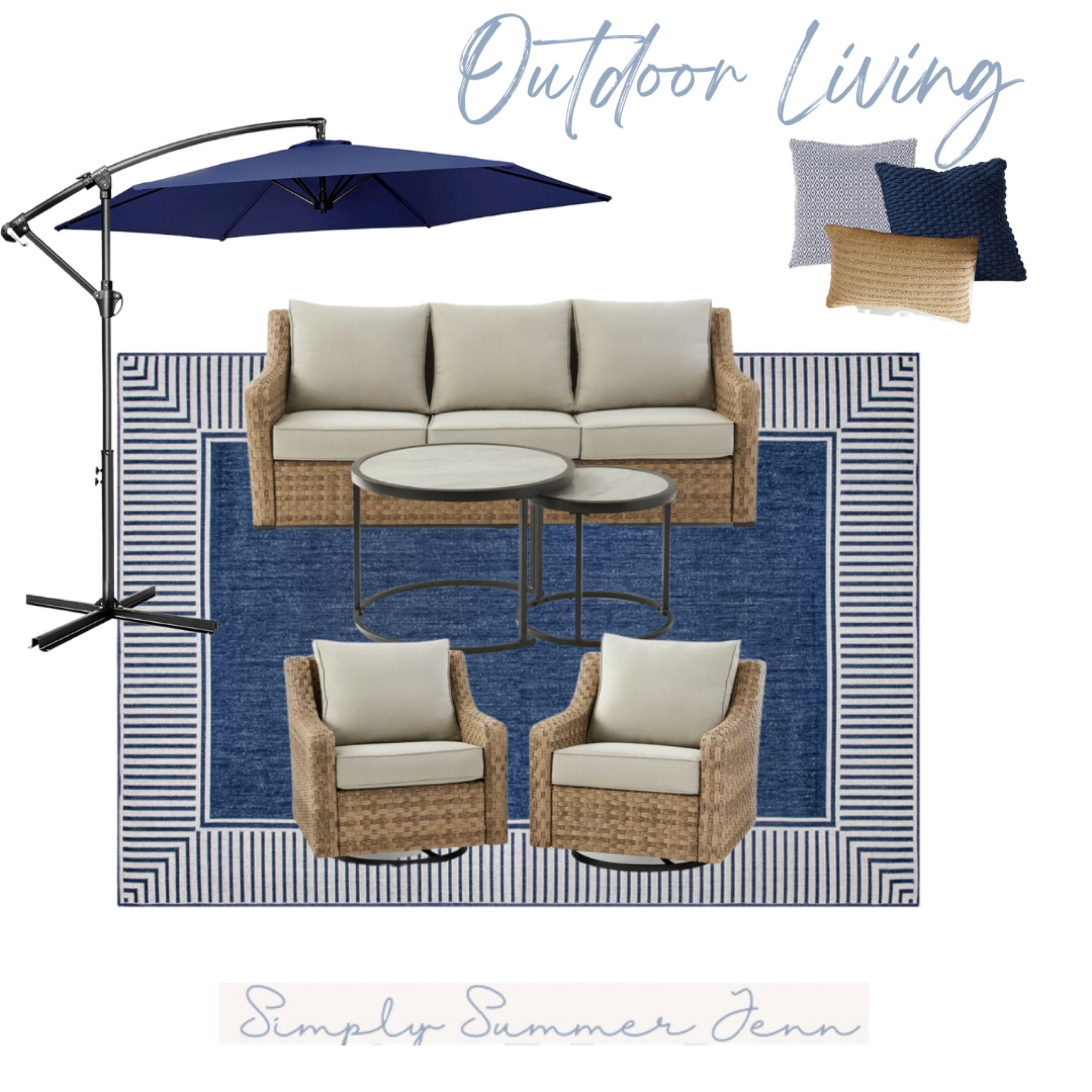 Outdoor Living
Wicker style couch and swivel chair set. Covers included. Indoor/outdoor area rug. Cantilever umbrella.  Outdoor pillows.

#LTKhome