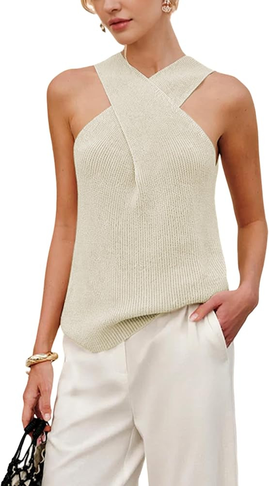 Yeokou Women Halter Cross Over Collar Tank Knit Sleeveless Top Solid Color Casual Summer Blouse | Amazon (US)
