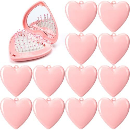 12 Pcs Valentine's Day Gifts bulk Pink Heart Folding Mirror Hairbrush Travel Pocket Compact Hairb... | Amazon (US)