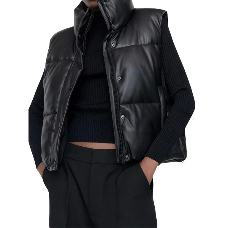 WakeUple Women Warm Puffer Vest Faux Leather Zipper Cropped Stand Collar Padded Winter Outerwear ... | Walmart (US)