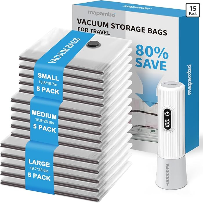 Mapambo Travel Vacuum Bags with -60000Pa LED Electric Pump, 15 Pack Vacuum Seal Bags for Clothing... | Amazon (US)