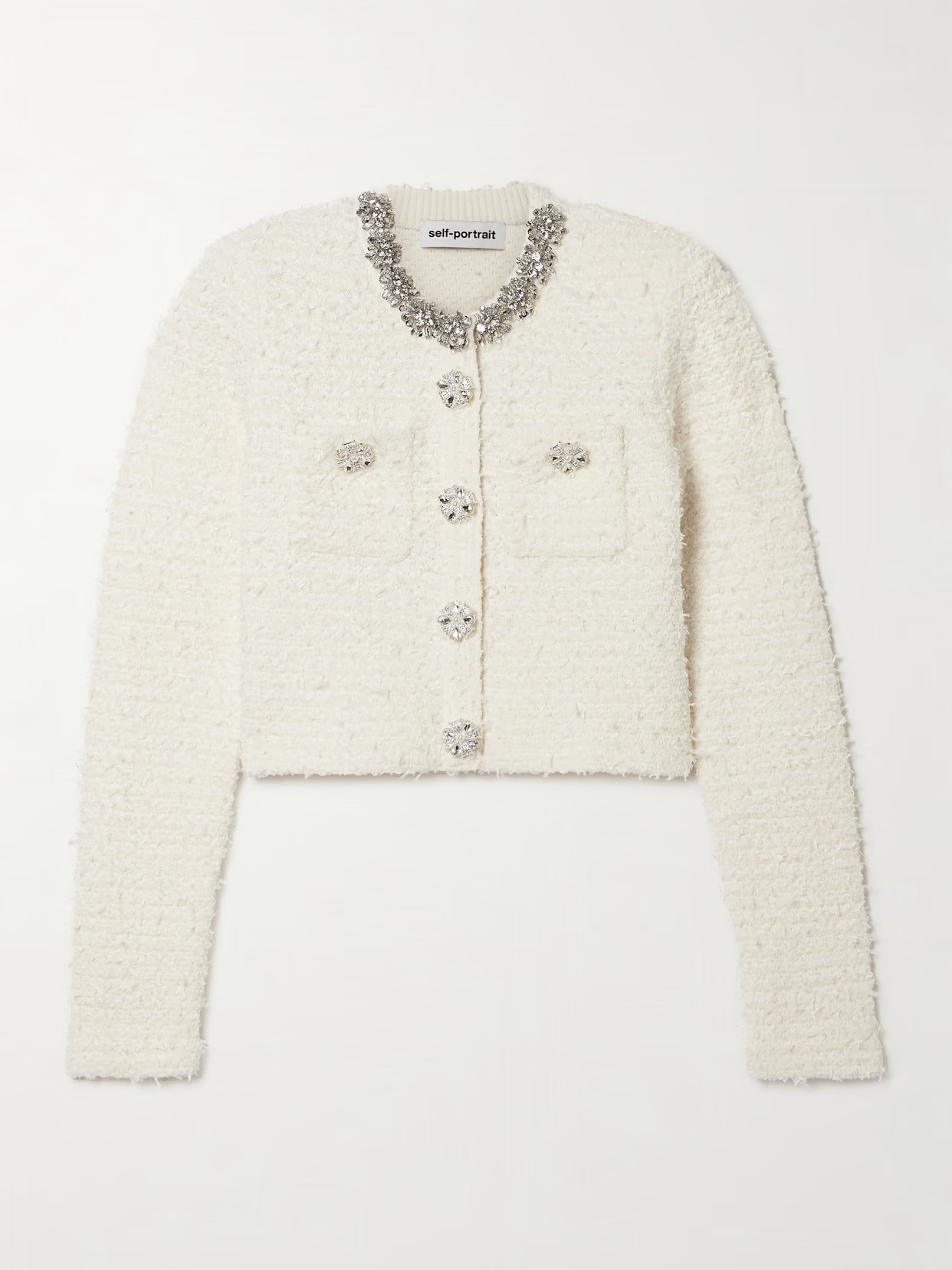 Self-Portrait - Cropped Crystal-embellished Cotton-blend Bouclé Cardigan - Cream | NET-A-PORTER (US)