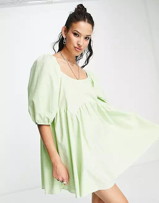 ASOS DESIGN cotton jumbo scallop puff sleeve smock dress in apple | ASOS (Global)