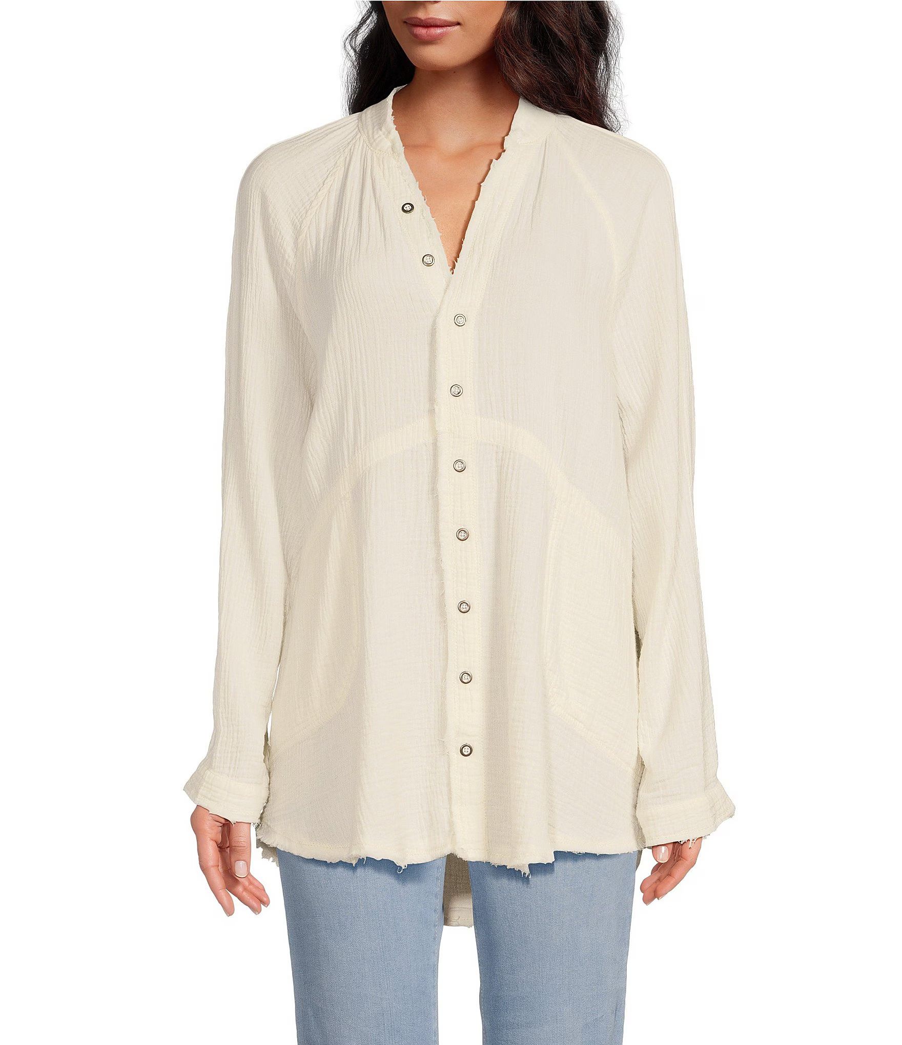 Free People Summer Daydream Long Sleeve Button Front V-Neck Raw High-Low Hem Oversized Top | Dill... | Dillard's