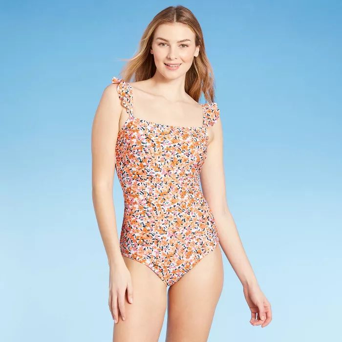 Women's Long Torso Ruffle Strap Straight Neck Modern One Piece Swimsuit - Kona Sol™ Multi Flora... | Target