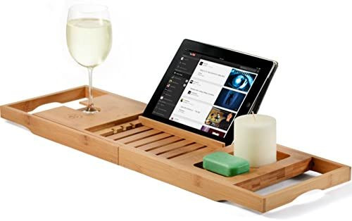 Premium Bamboo Bathtub Tray Caddy - Wood Bath Tray Expandable with Book and Wine Holder - Gift Id... | Amazon (US)