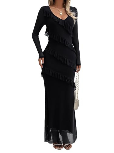Cosonsen Dresses for Women Long Sleeve Ruffle Mesh Bodycon Maxi Dress Black M | Amazon (US)