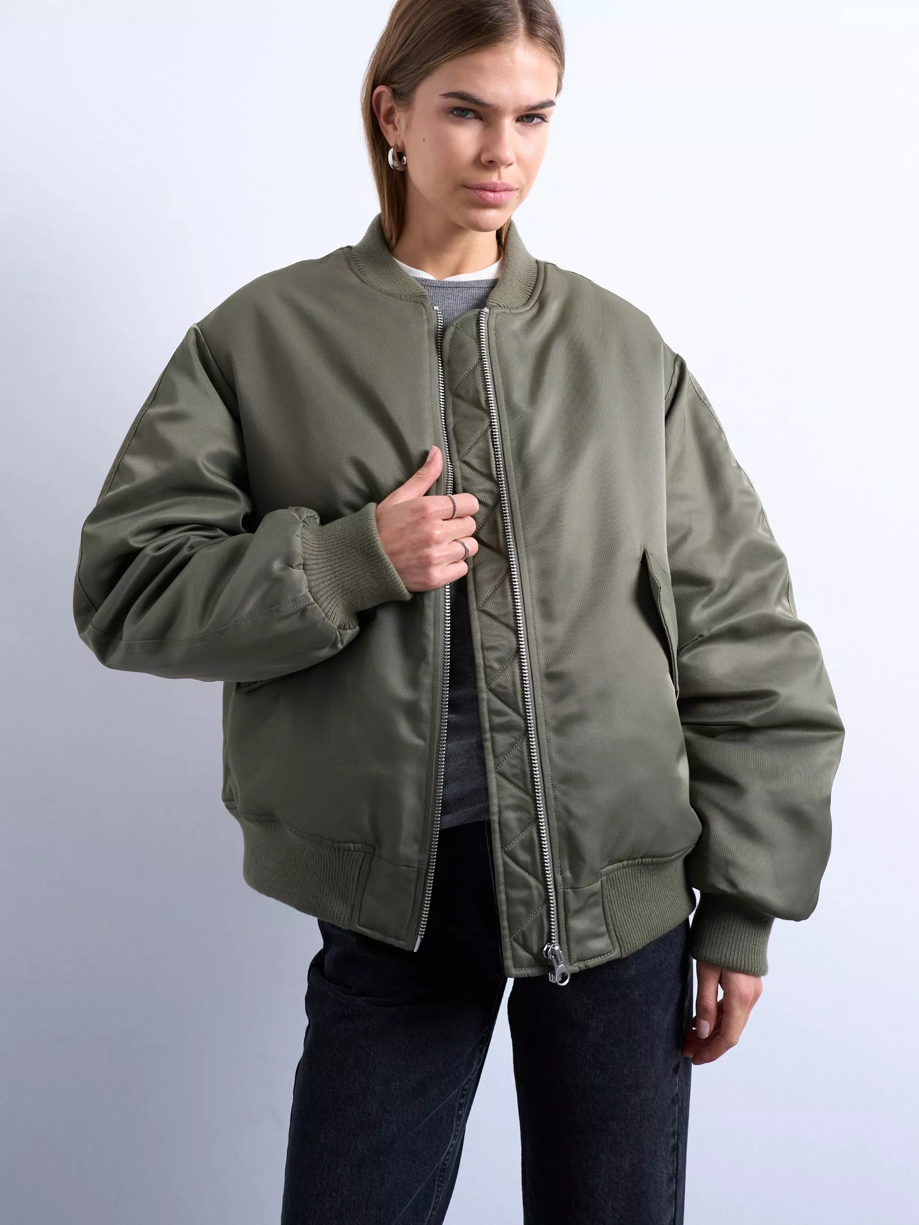 Topshop Oversized Bomber Jacket, Green | John Lewis (UK)