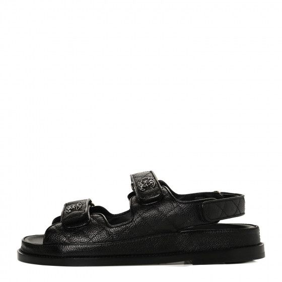 CHANEL Grained Calfskin Velcro Dad Sandals 38 Black | Fashionphile