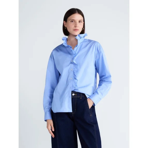 Free Assembly Women's and Women's Plus Ruffle Neck Cotton Top, Sizes XS-4X | Walmart (US)