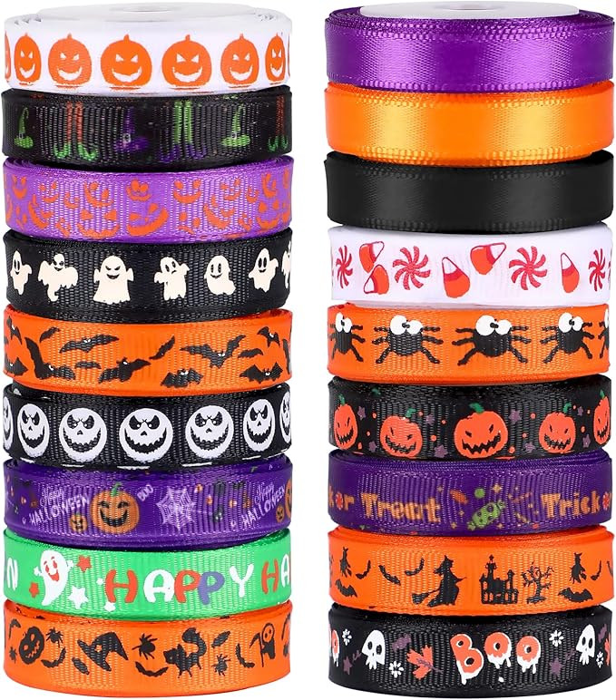 SANNIX 18 Rolls 90 Yards Halloween Ribbon Printed Grosgrain Ribbons 3/8″ Wide DIY Craft Fabric ... | Amazon (US)