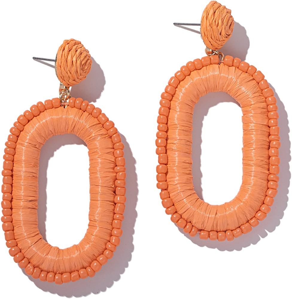 Beaded Raffia Boho Earrings - Cute Seed Bead Square Drop Dangle Earrings for Summer | Amazon (US)