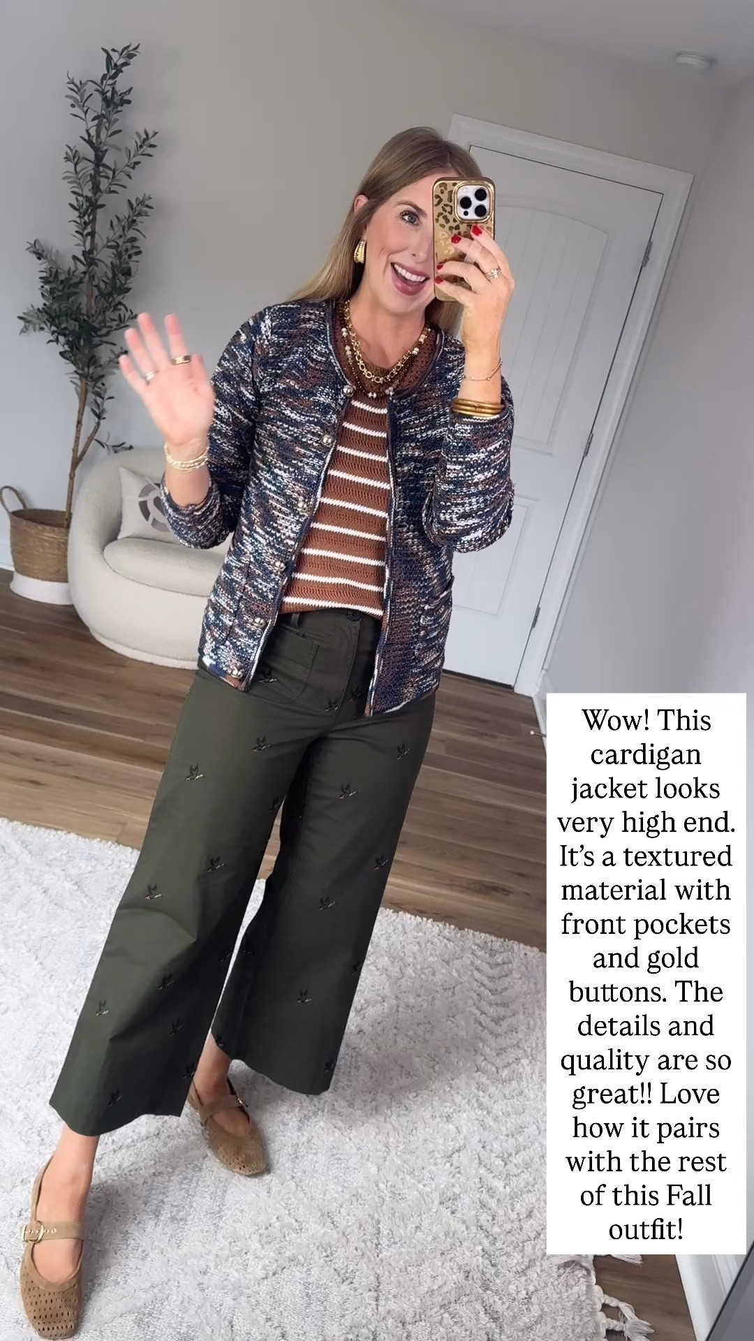 Textured cardigan with gold buttons, striped sweater tank and embroidered duck pants

#LTKootd
