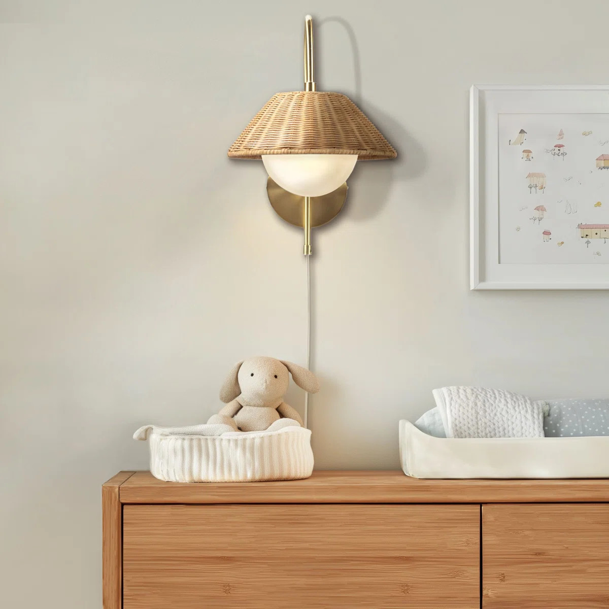 Aminda Gold Plug-in Wall Sconce with Frosted Globe and Rattan Shade | Wayfair North America