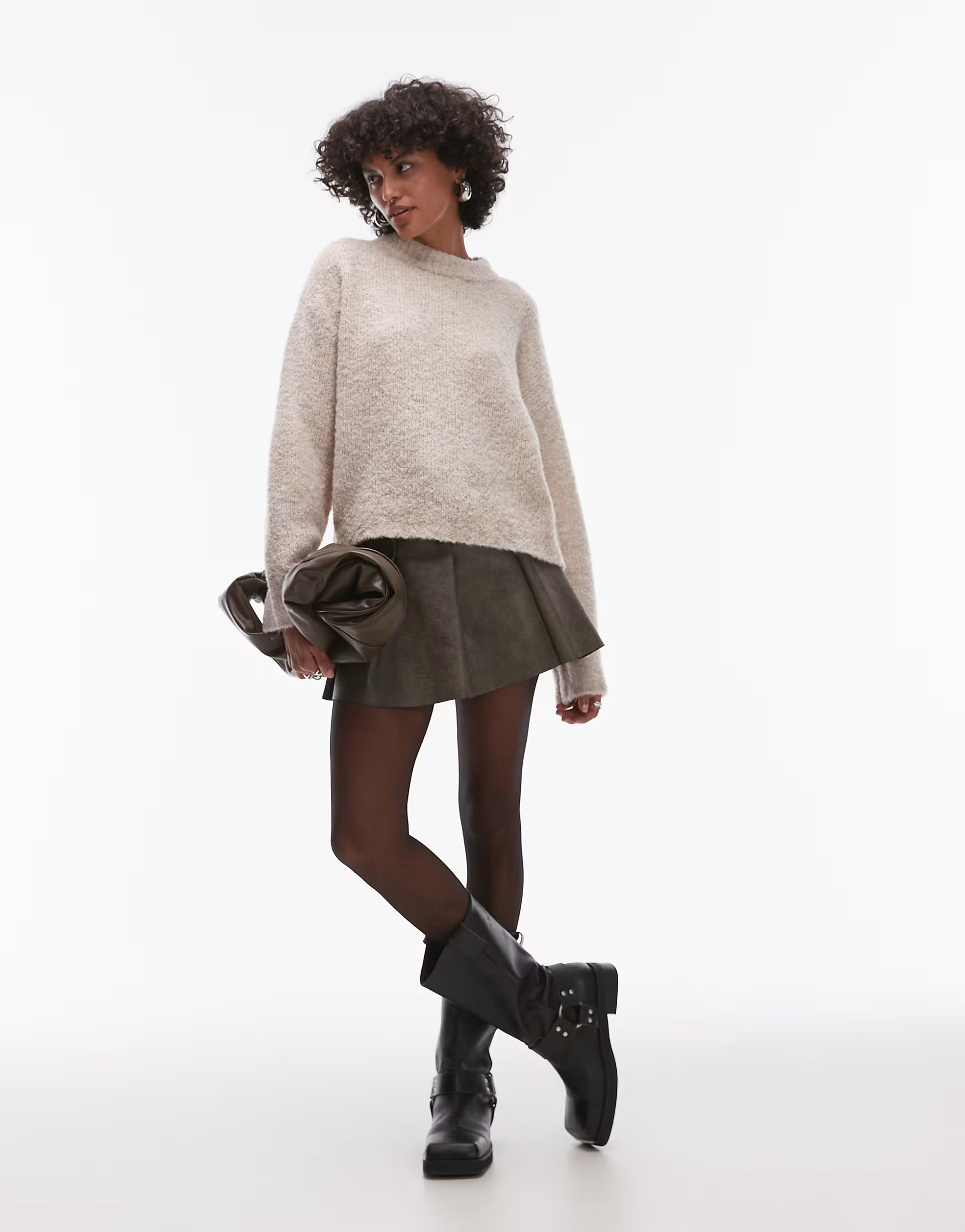 Topshop knitted boucle crew jumper in stone | ASOS | ASOS (Global)