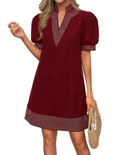Wenrine Womens Summer V Neck Puff Short Sleeve Boho Mini Shift Dresses | Amazon (US)