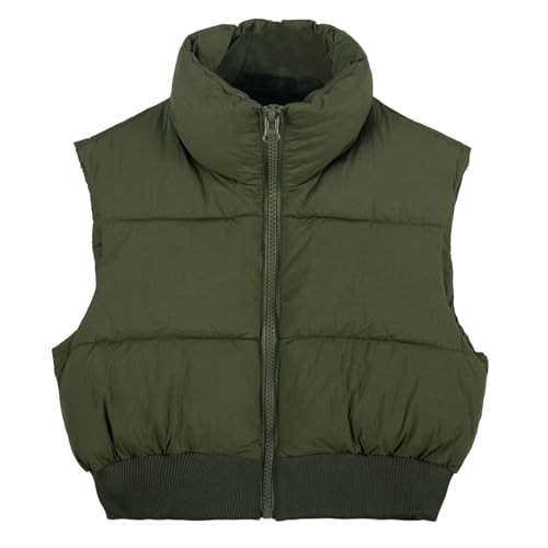 Kissonic Women's Winter Cropped Puffer Vest Lightweight Sleeveless Jacket Puffy Short Vest Full Zip Outwear(ArmyGreen-M) | Amazon (US)