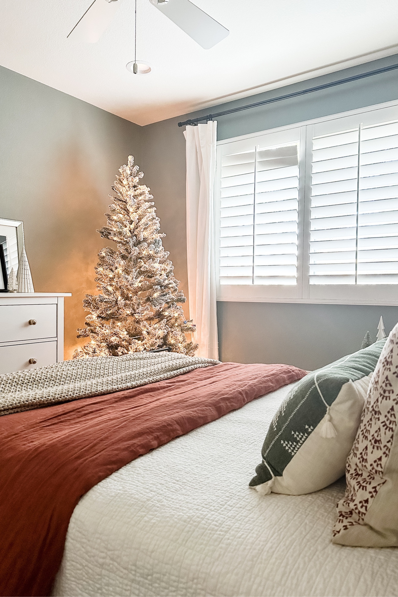 Flocked Christmas tree perfect for a bedroom, artificial Christmas trees, warm bedding.

#LTKHoliday #LTKhome #LTKSeasonal