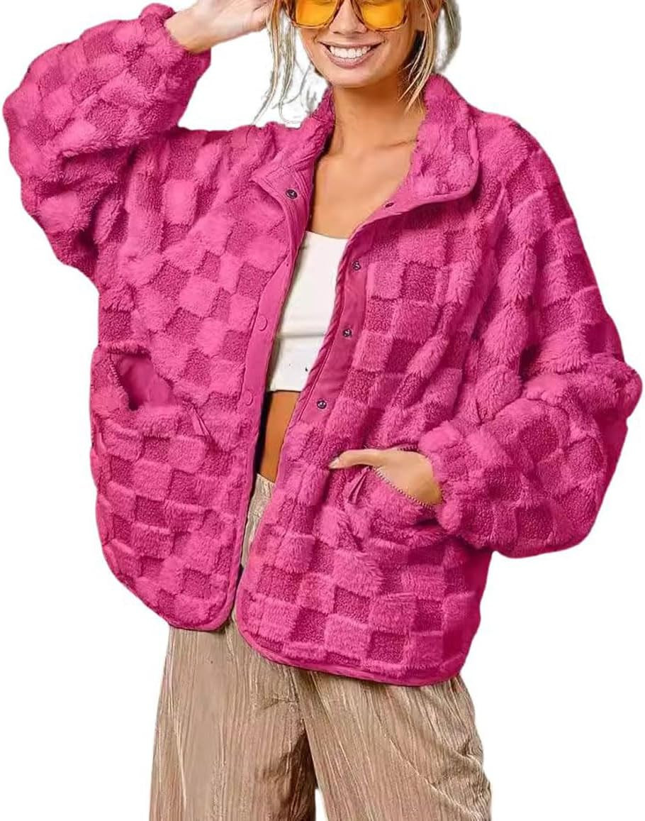 chouyatou Women Winter Casual Checkered Fleece Jacket Fuzzy Oversized Sherpa Jacket Shacket Faux Fur Coat | Amazon (US)