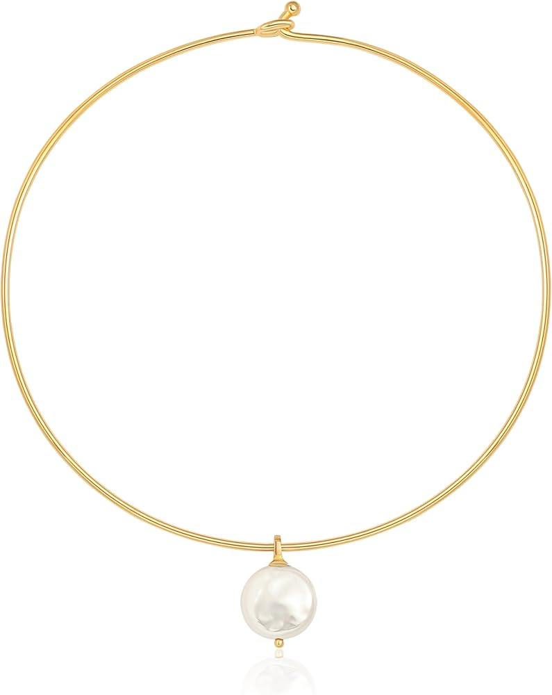 Aobei Pearl 18K Gold Plated Cuff Choker Necklace for Women Chunky Wire Chain Collar Jewelry | Amazon (US)