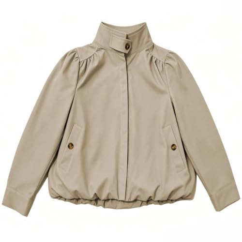 Ziqoty Womens Bomber Jacket Bubble Hem Lightweight Cropped Coat with High Stand Collar Puff Sleeves Casual Wear with Pocket(LightKhaki-L) | Amazon (US)