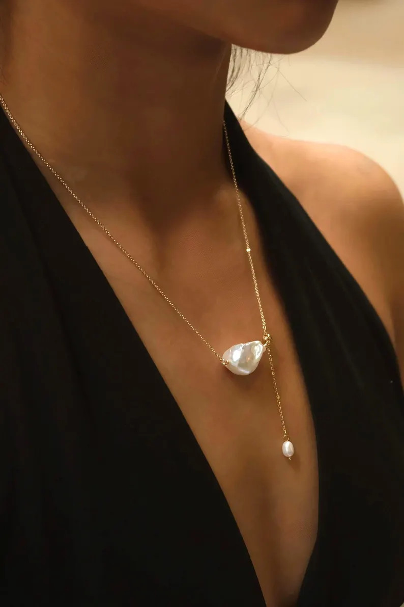 Baroque Freshwater Pearl Pendant, Asymmetrical Pearl Drop Necklace, Dainty 14k Gold Chain, Minima... | Etsy (Global)