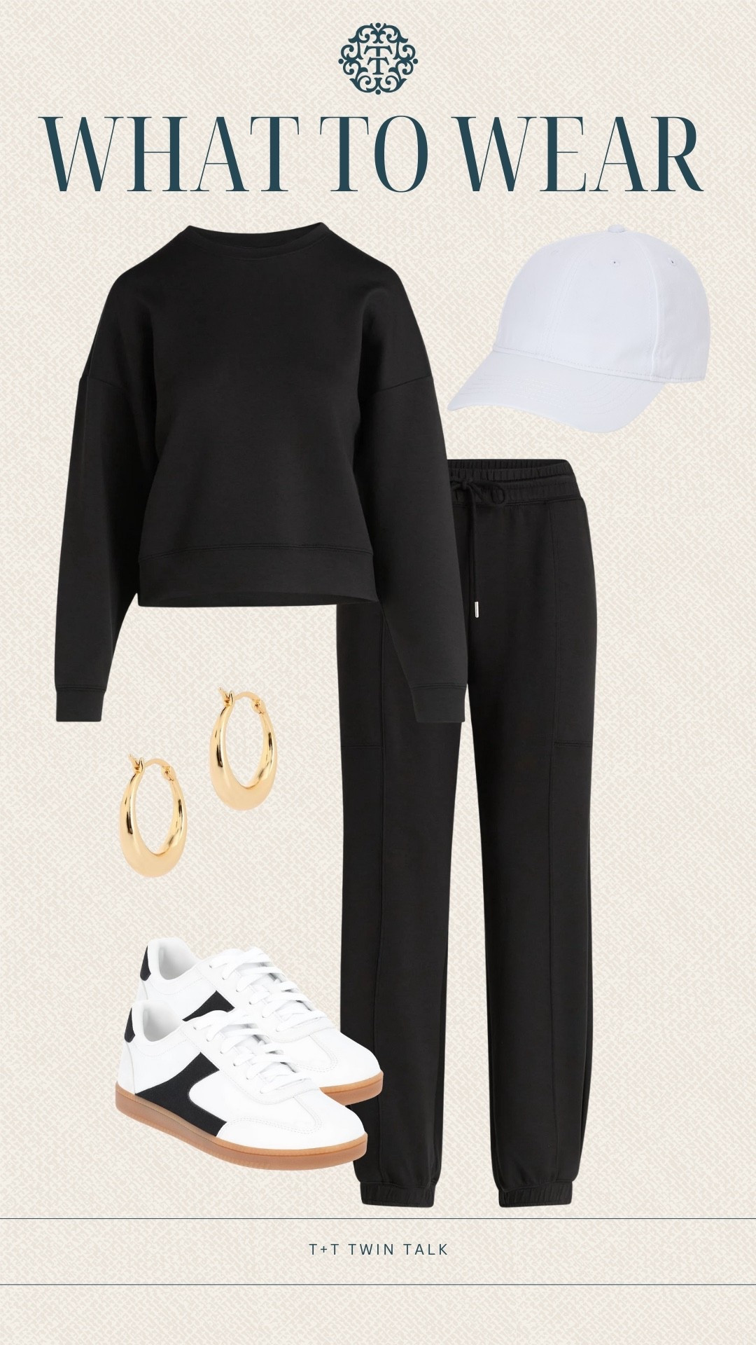 T+T, what to wear! A casual look for lounging around the house or taking a walk around the neighborhood. A matching black set paired with white sneakers with a fun stripe across it, and a white hat! All items from Walmart! 

#LTKSeasonal #LTKMidsize #LTKOver40