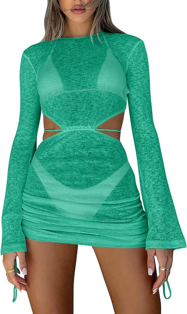 Kaximil Women's Swimsuit Coverup Long Sleeve Sexy Beach Cover Ups Mini Dress Swimwear | Amazon (US)