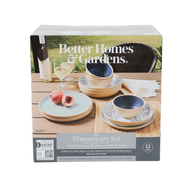 Better Homes & Gardens 12-Piece Bamboo Melamine Dinnerware Set,  Takara Print | Walmart (US)