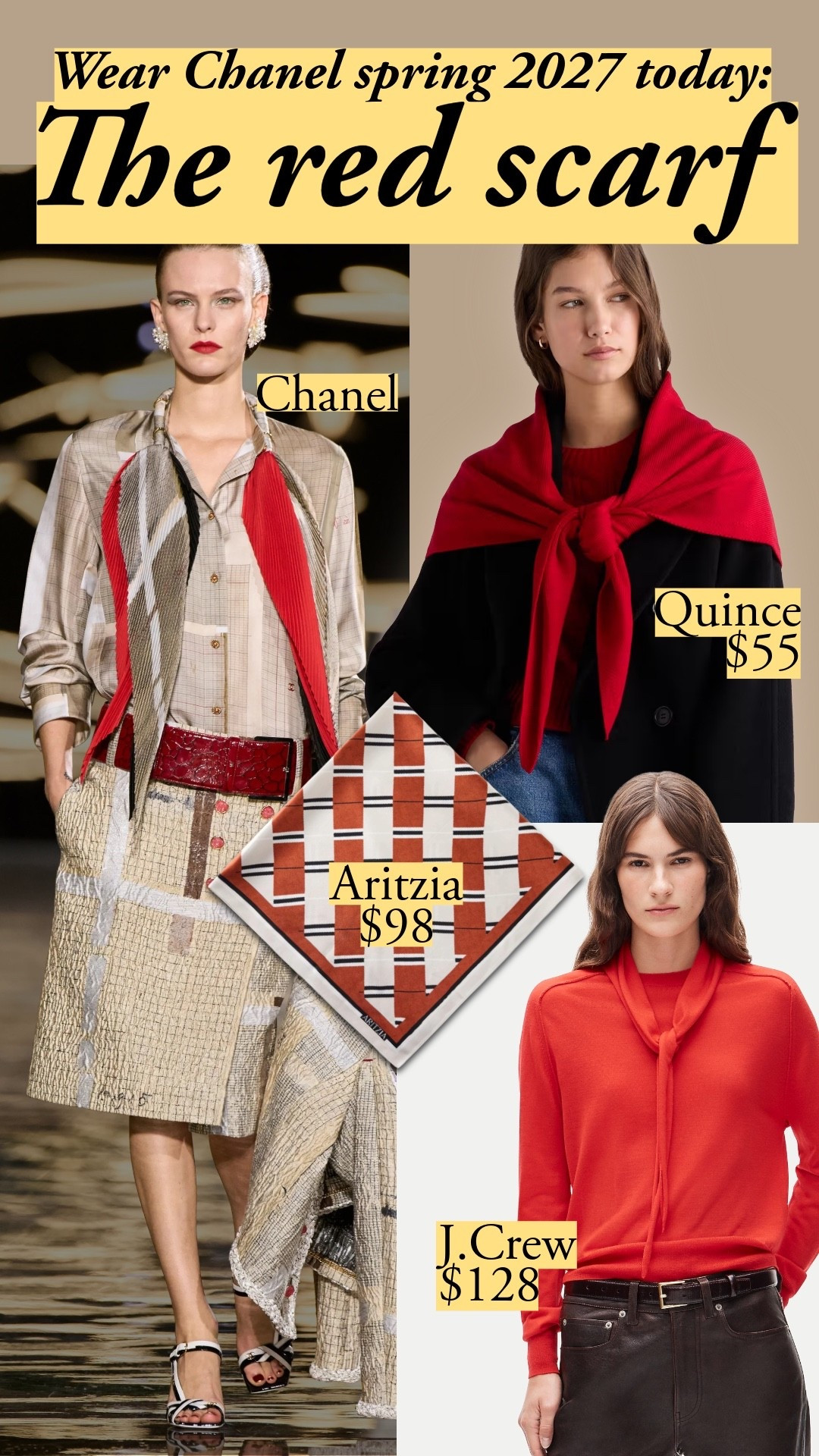 Chanel's scarf adds red accents to khakis. I'm taking inspiration with red scarves, a red scarf sweater, and even expanding to brick red with Aritzia's excellent silk scarf. This scarf is heavier than my Hermès scarves. To keep it looking sophisticated, mix your reds (Chanel's belt is darker than the scarf) – don't match.