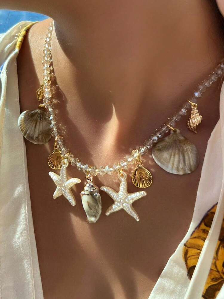 1pc Boho Beach Seashell & Starfish Pendant Necklace Choker, Shiny Necklace Accessory For Women, Perfect For Beach Vacation, Elegant & Sparkling | SHEIN