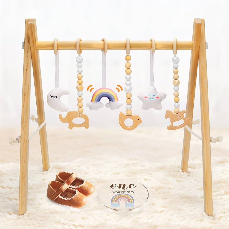 Wooden Baby Play Gym with 6 Gym Toys - Foldable Frame Activity Center Hanging Bar, Natural Wood P... | Amazon (US)