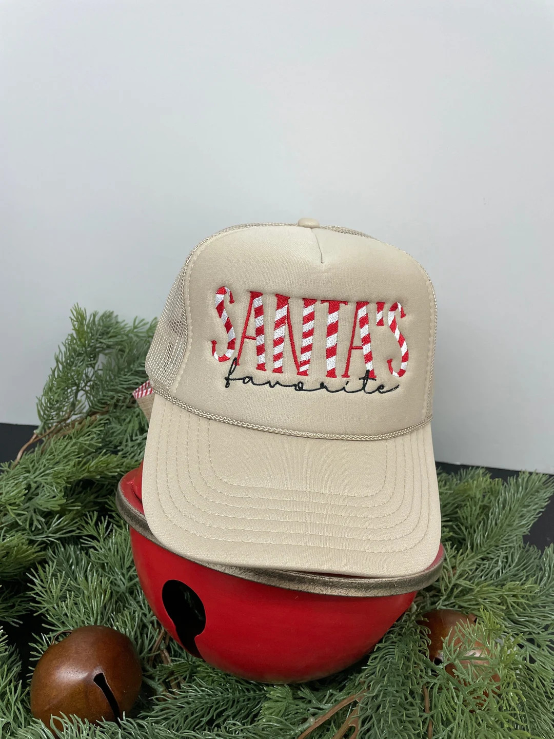 Santa’s Favorite Khaki Trucker Hat, candy cane letters, Christmas Hat | Etsy (US)