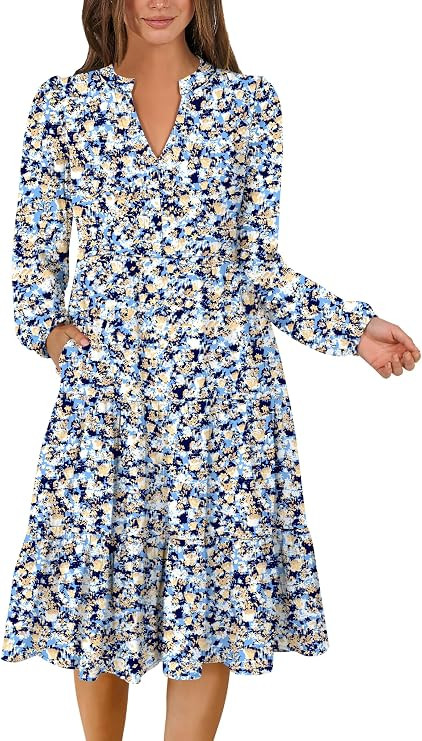 ANRABESS Womens V Neck Long Sleeve Midi Dress | Swing Flowy Tiered with Pockets, Soft Fabric, Boh... | Amazon (US)