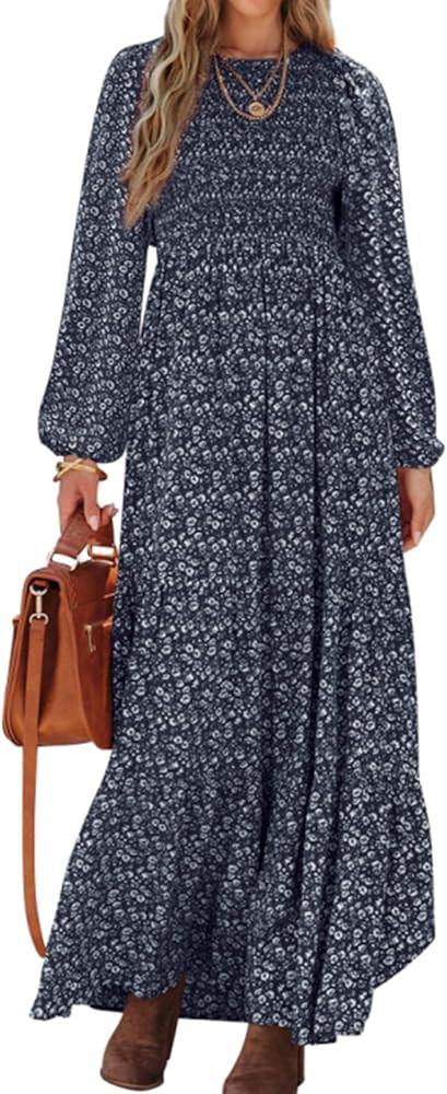 PRETTYGARDEN Women's Fall Dresses 2025 Long Sleeve Flowy Casual Floral Maxi Dress Crew Neck Smock... | Amazon (US)