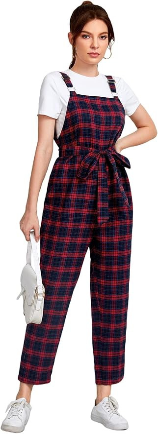 Floerns Women's Tartan Print Sleeveless Overalls Belted Pinafore Long Jumpsuit | Amazon (US)