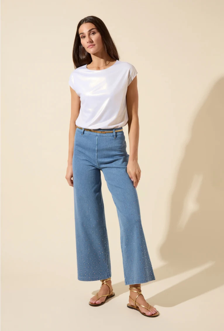 Erin Crystal Embellished Wide Leg Denim (28" Inseam) | Lysse NY
