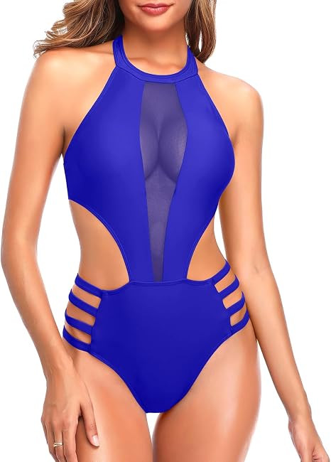 Tempt Me Women One Piece Sexy Mesh Swimsuit High Neck Halter Cutout Monokini Swimwear | Amazon (US)