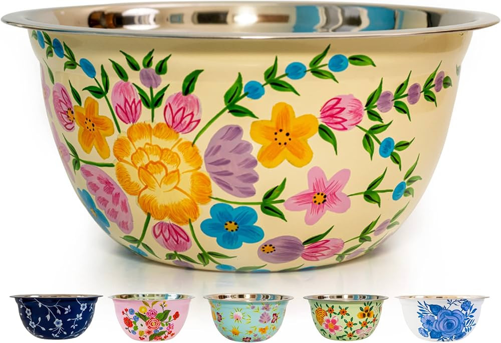 Large Hand Painted Stainless Steel Fruit Bowl - Decorative Floral Salad Mixing and Serving Bowl -... | Amazon (US)
