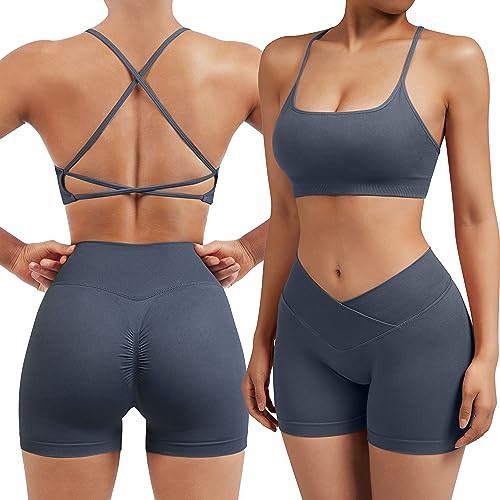 SUUKSESS Women V Cross Seamless Workout Sets Strappy Padded Sports Bra High Waist Booty Shorts (Blue,M) | Amazon (US)