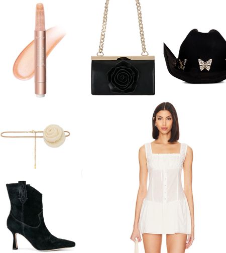 White dress, black cowboy boots, flower choker, gold lipgloss, tarte, black rose purse, revolve, black cowboy hat, festival outfit, butterflies, western, country concert outfit 

#LTKfindsunder100 #LTKFestival #LTKstyletip