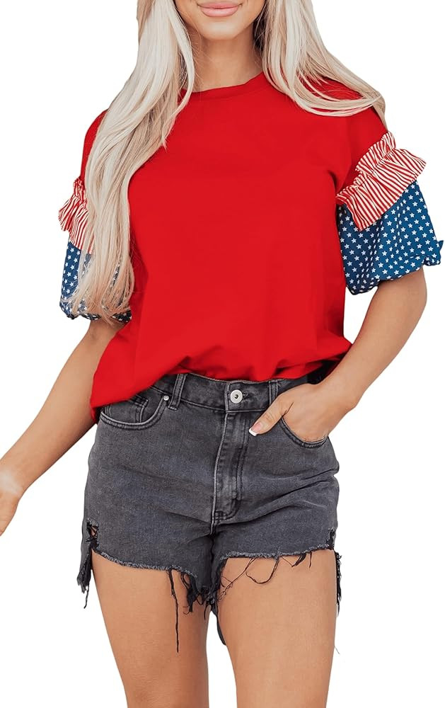 4th of July Shirts Women Crewneck Puff Short Sleeve T-Shirt Patriotic Stars Stripes Contrast Casu... | Amazon (US)