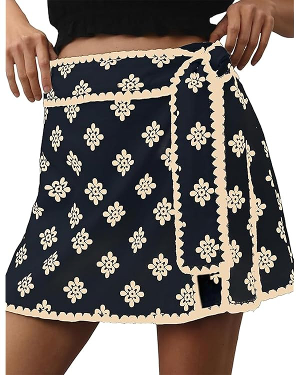 Mini Wrap Skirt Short for Women Flowy Bodycon Print Elastic Waist Fall Casual Beige Skort | Amazon (US)