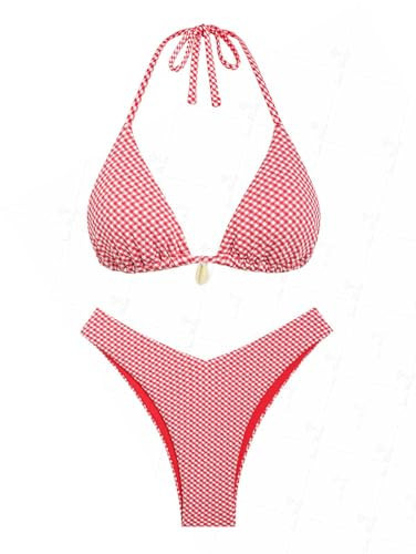 seamoly Red Gingham Shell Decor Halter Tied Triangle Cheeky Bikini Set, Red, L | Amazon (US)