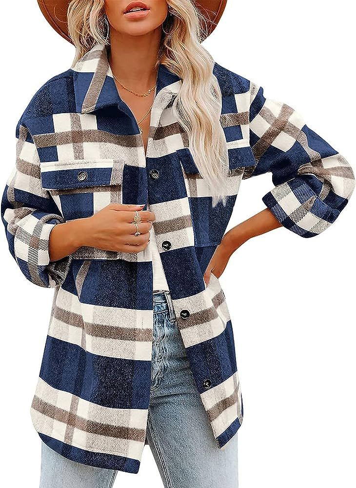 Yeokou Women's Fall Color Block Plaid Flannel Shacket Jacket Button Down Shirt Coat Tops | Amazon (US)