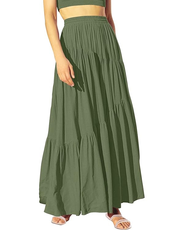 ANRABESS Women’s Boho Elastic High Waist Pleated A-Line Flowy Swing Asymmetric Tiered Maxi Long... | Amazon (US)