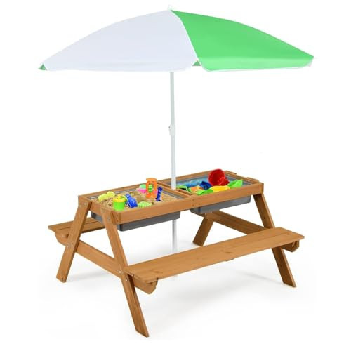 HONEY JOY Kids Picnic Table, 4 in 1 Cedar Wooden Sand & Water Table w/ 2 Removable Box & Umbrella, Kids Picnic Tables for Outdoors Backyard Garden, Toddler Patio Furniture Set for Boys Girls(Natural) | Amazon (US)